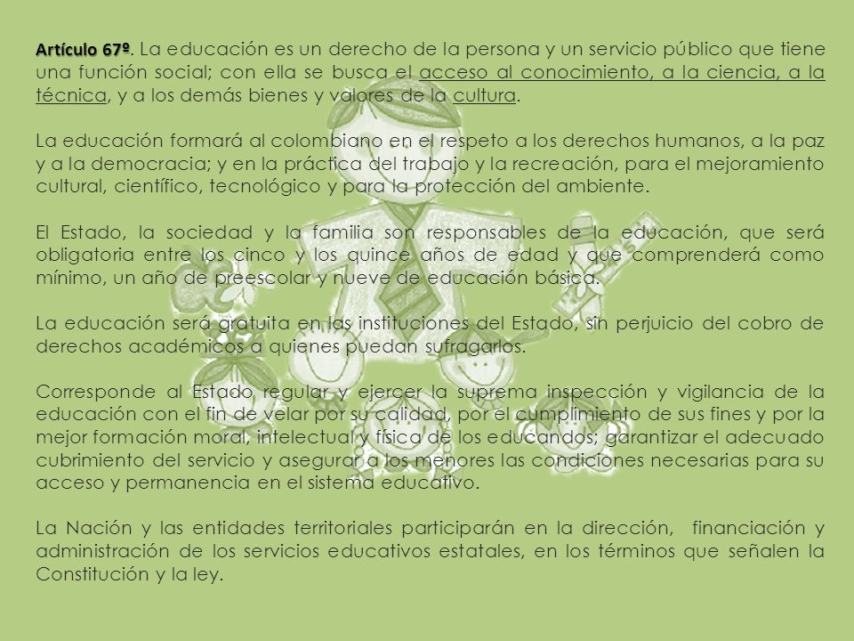 Artículo 67º. La educación es un derecho de la persona y un servicio público que tiene una función social; con ella se busca el acceso al conocimiento, a la ciencia, a la técnica, y a los demás bienes y valores de la cultura.