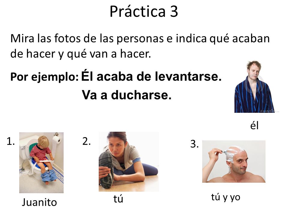 Práctica 3 Mira las fotos de las personas e indica qué acaban de hacer y qué van a hacer. Por ejemplo: Él acaba de levantarse. Va a ducharse.