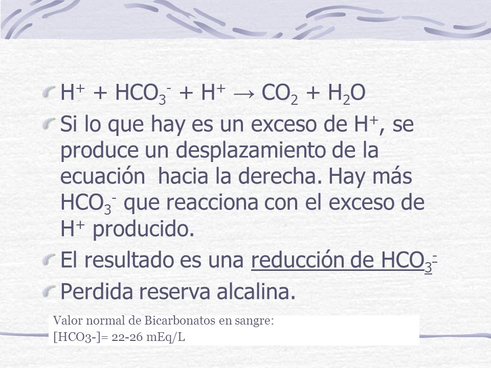 El resultado es una reducción de HCO3- Perdida reserva alcalina.