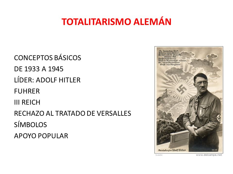TOTALITARISMO ALEMÁN CONCEPTOS BÁSICOS DE 1933 A 1945 LÍDER: ADOLF HITLER FUHRER III REICH RECHAZO AL TRATADO DE VERSALLES SÍMBOLOS APOYO POPULAR