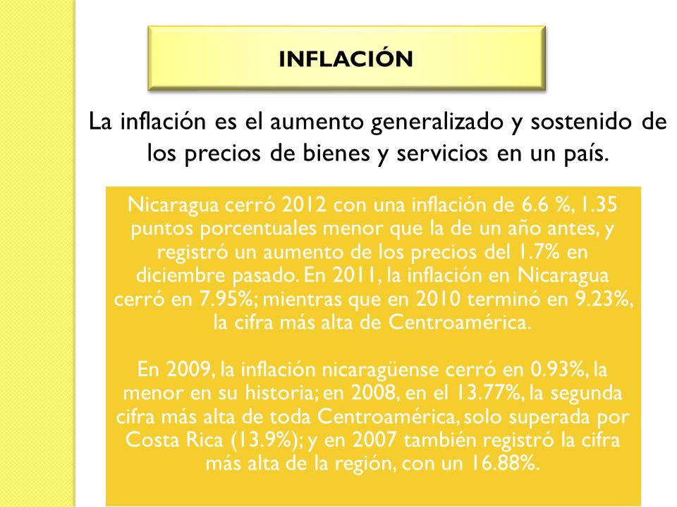 INFLACIÓN La inflación es el aumento generalizado y sostenido de los precios de bienes y servicios en un país.
