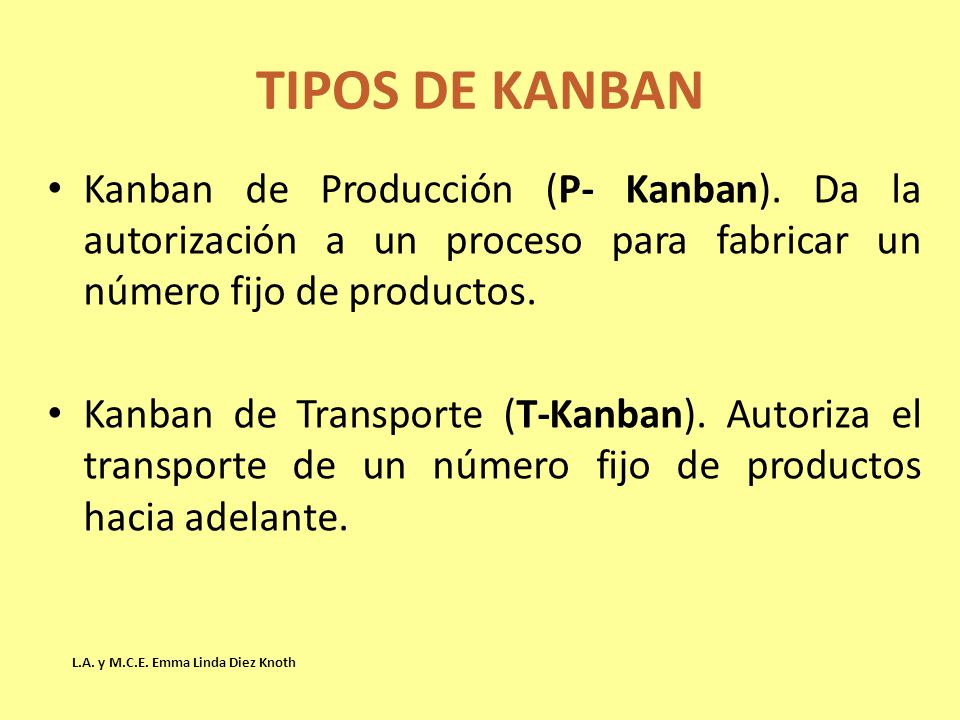 TIPOS DE KANBAN Kanban de Producción (P- Kanban). Da la autorización a un proceso para fabricar un número fijo de productos.
