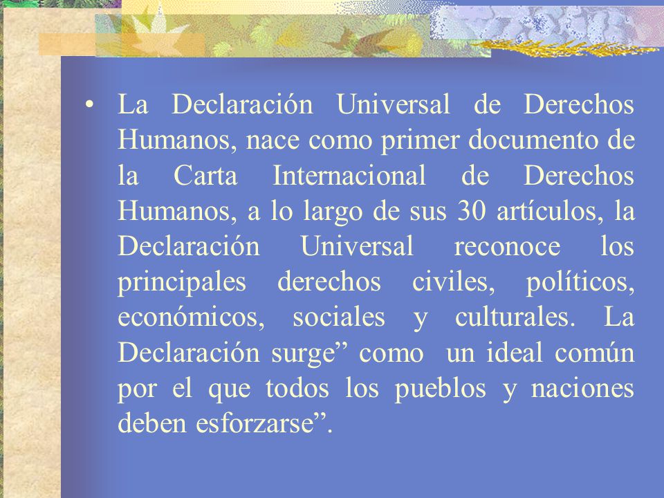 La Declaración Universal de Derechos Humanos, nace como primer documento de la Carta Internacional de Derechos Humanos, a lo largo de sus 30 artículos, la Declaración Universal reconoce los principales derechos civiles, políticos, económicos, sociales y culturales.
