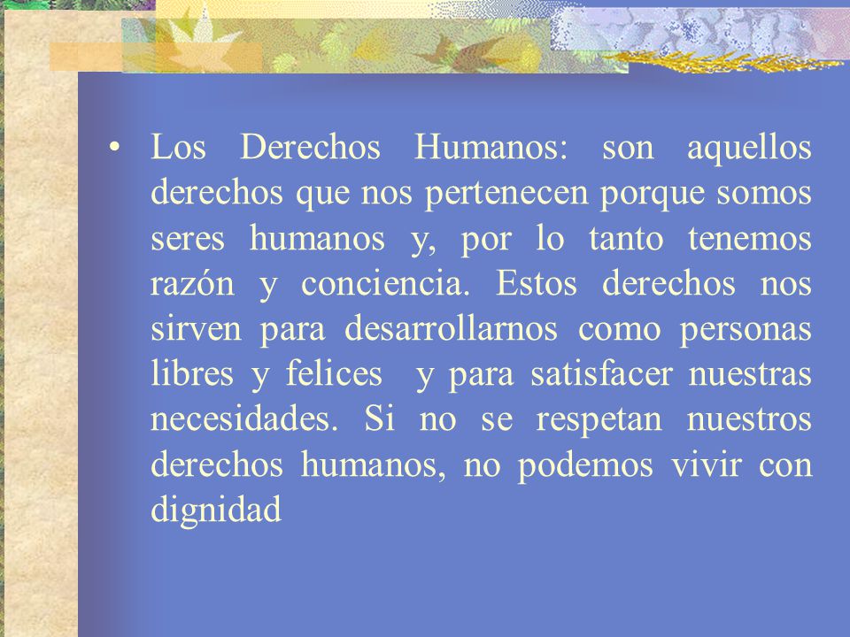 Los Derechos Humanos: son aquellos derechos que nos pertenecen porque somos seres humanos y, por lo tanto tenemos razón y conciencia.