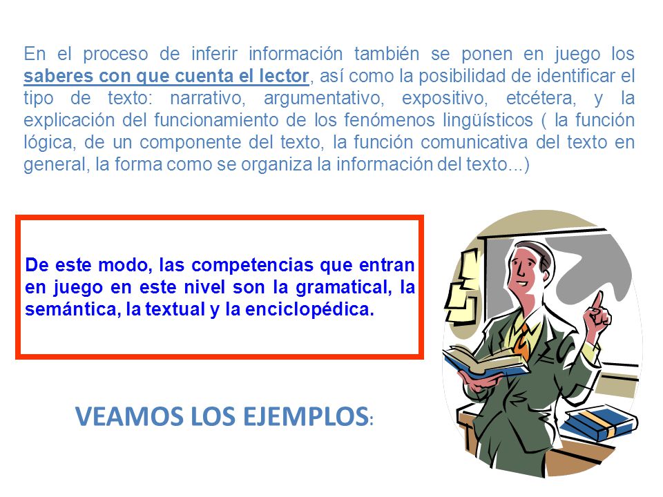En el proceso de inferir información también se ponen en juego los saberes con que cuenta el lector, así como la posibilidad de identificar el tipo de texto: narrativo, argumentativo, expositivo, etcétera, y la explicación del funcionamiento de los fenómenos lingüísticos ( la función lógica, de un componente del texto, la función comunicativa del texto en general, la forma como se organiza la información del texto...)