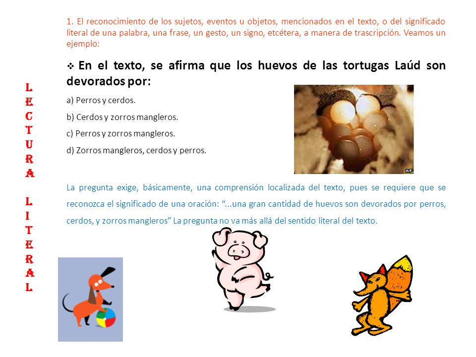 1. El reconocimiento de los sujetos, eventos u objetos, mencionados en el texto, o del significado literal de una palabra, una frase, un gesto, un signo, etcétera, a manera de trascripción. Veamos un ejemplo: