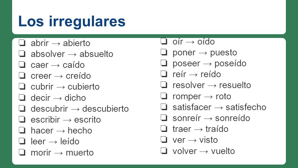 Los irregulares oír → oído abrir → abierto poner → puesto