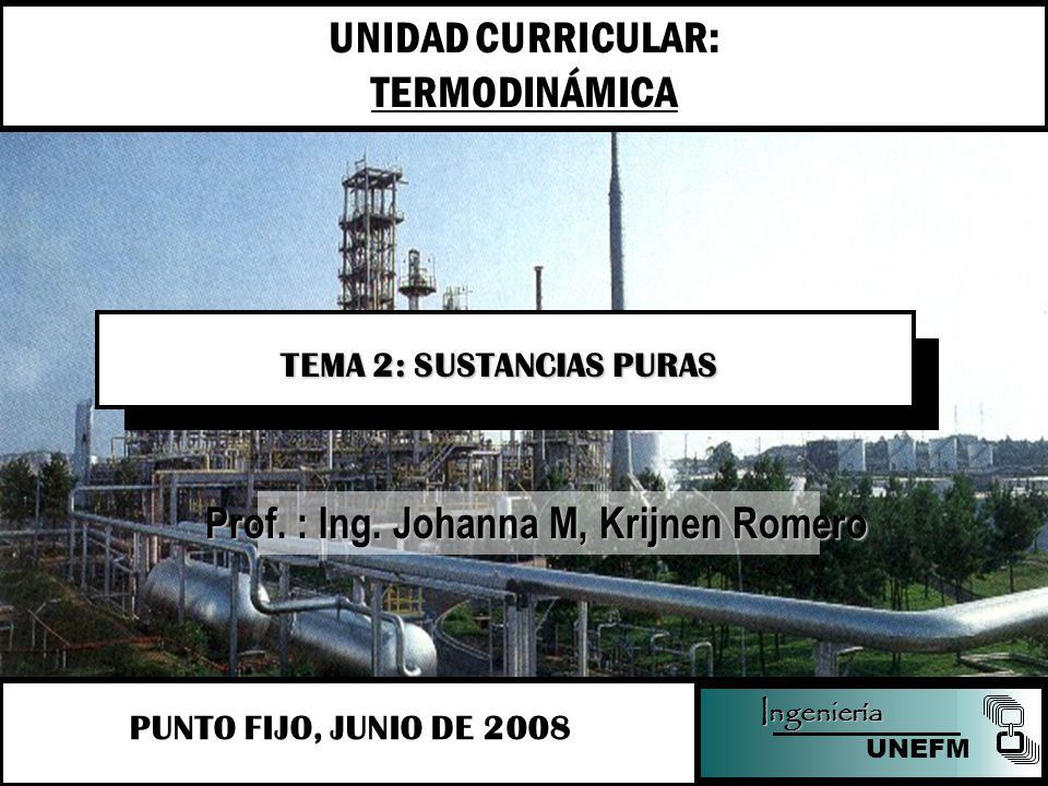 TEMA 2: SUSTANCIAS PURAS Prof. : Ing. Johanna M, Krijnen Romero