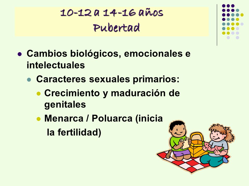 10-12 a años Pubertad Cambios biológicos, emocionales e intelectuales. Caracteres sexuales primarios: