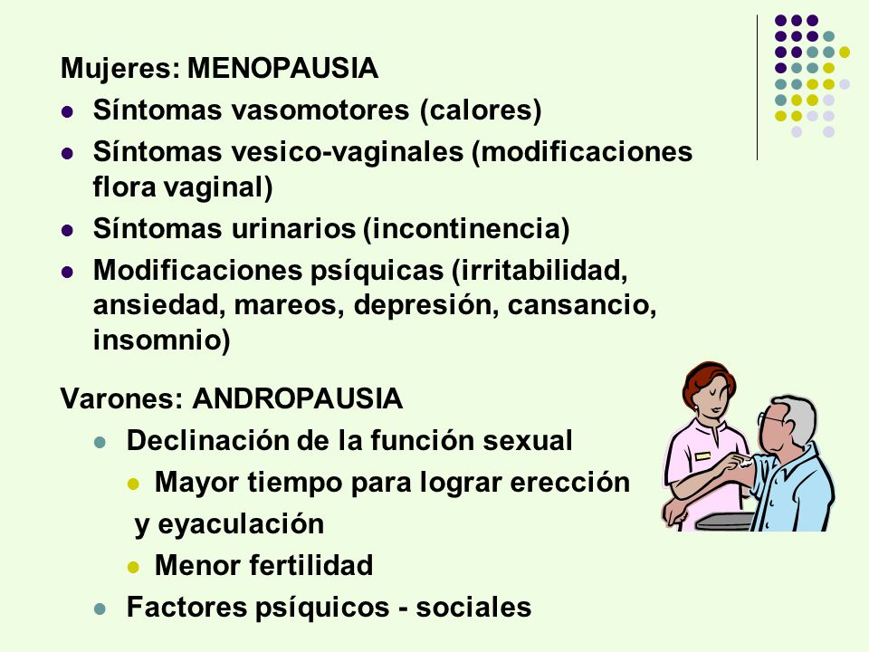 Mujeres: MENOPAUSIA Síntomas vasomotores (calores) Síntomas vesico-vaginales (modificaciones flora vaginal)