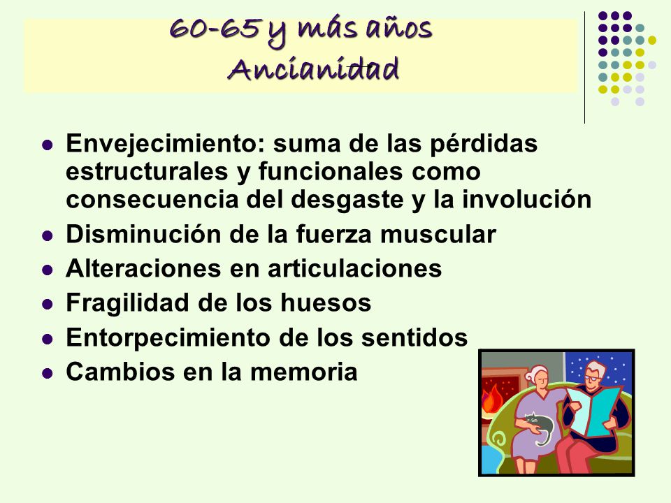 60-65 y más años Ancianidad Envejecimiento: suma de las pérdidas estructurales y funcionales como consecuencia del desgaste y la involución.