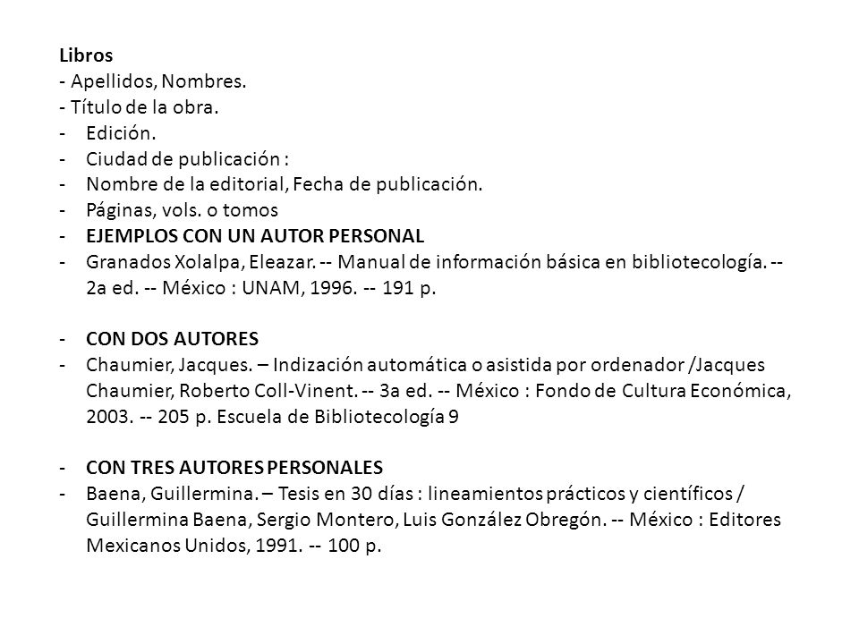 Libros - Apellidos, Nombres. - Título de la obra. Edición. Ciudad de publicación : Nombre de la editorial, Fecha de publicación.