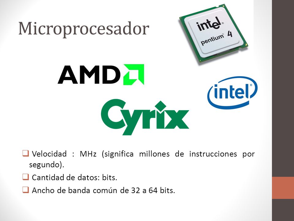 Microprocesador Velocidad : MHz (significa millones de instrucciones por segundo). Cantidad de datos: bits.