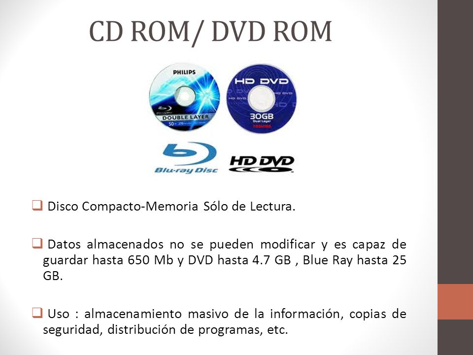 CD ROM/ DVD ROM Disco Compacto-Memoria Sólo de Lectura.
