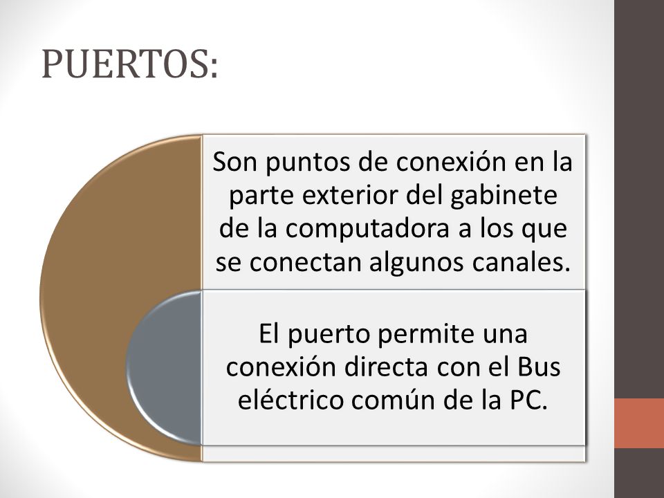PUERTOS: Son puntos de conexión en la parte exterior del gabinete de la computadora a los que se conectan algunos canales.