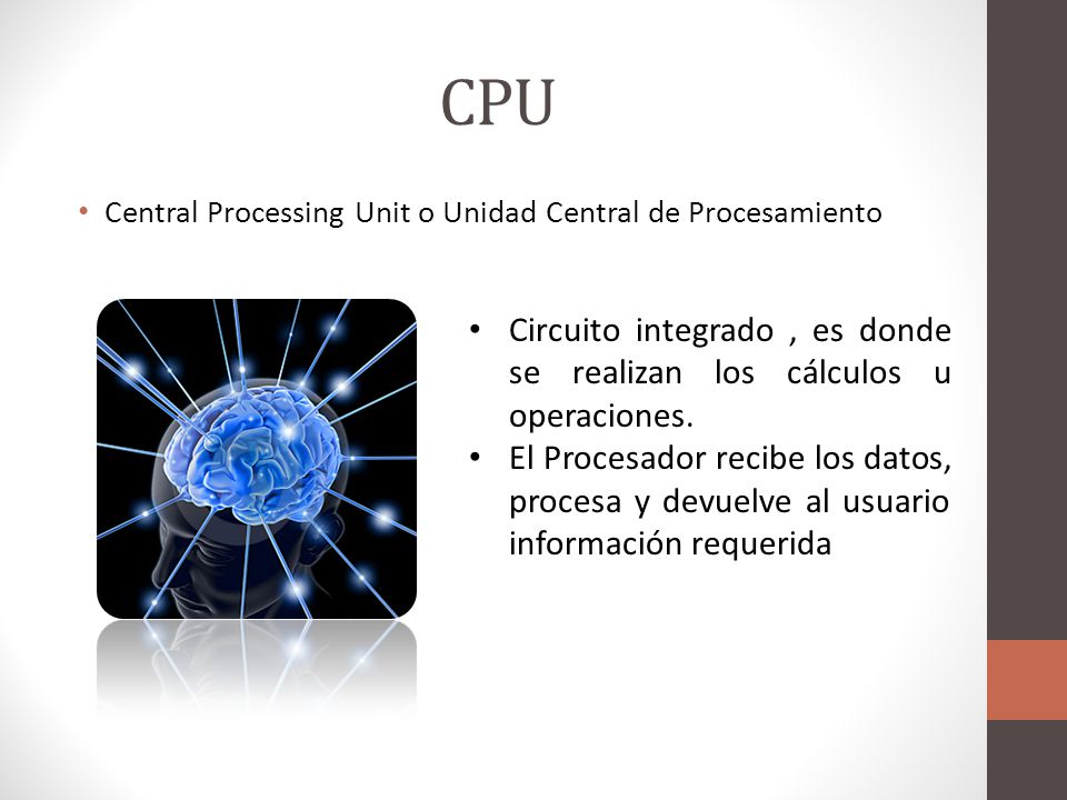 CPU Central Processing Unit o Unidad Central de Procesamiento. Circuito integrado , es donde se realizan los cálculos u operaciones.