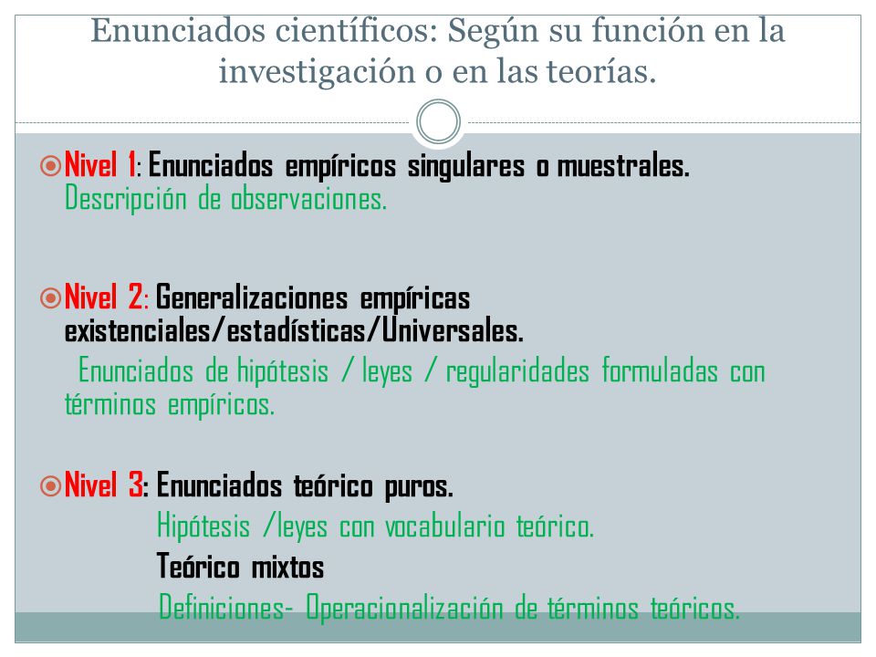 Enunciados científicos: Según su función en la investigación o en las teorías.