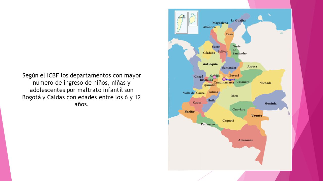 Según el ICBF los departamentos con mayor número de ingreso de niños, niñas y adolescentes por maltrato infantil son Bogotá y Caldas con edades entre los 6 y 12 años.