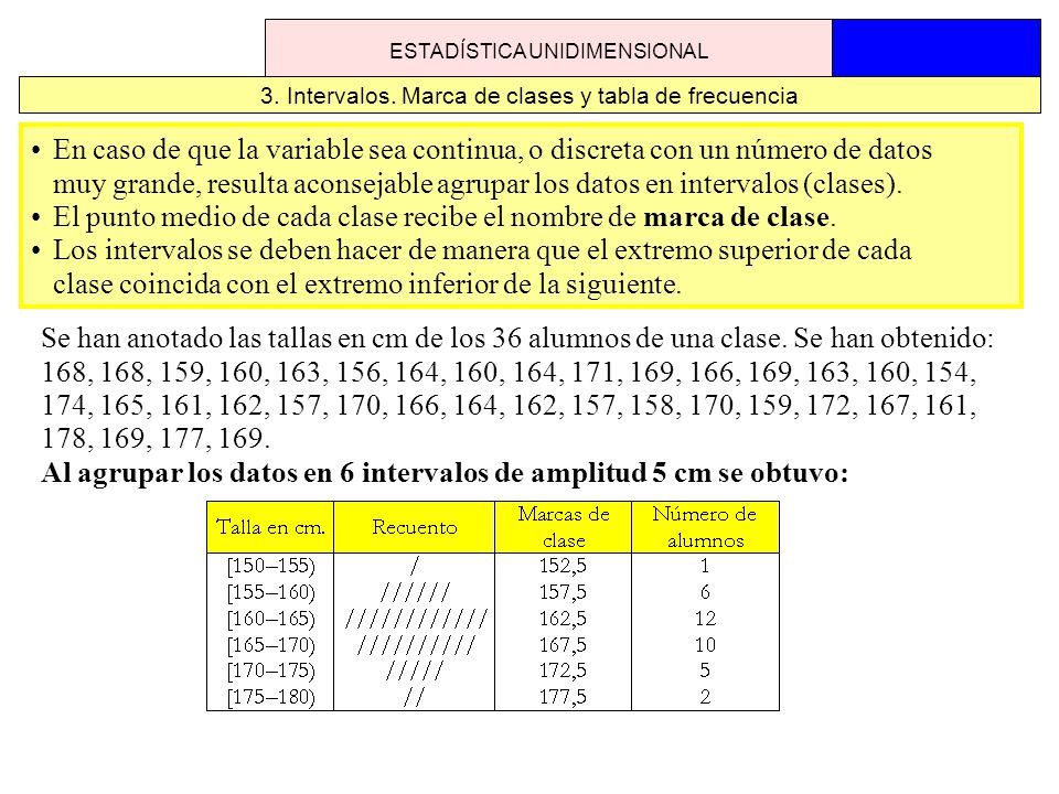 El punto medio de cada clase recibe el nombre de marca de clase.
