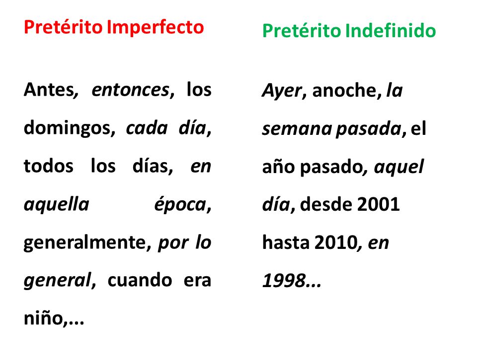 Pretérito Imperfecto Antes, entonces, los domingos, cada día, todos los días, en aquella época, generalmente, por lo general, cuando era niño,...