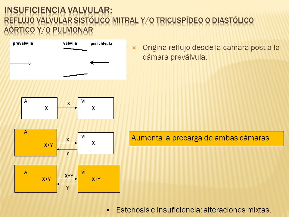 Insuficiencia valvular: Reflujo valvular sistólico mitral y/o tricuspídeo o diastólico aórtico y/o pulmonar