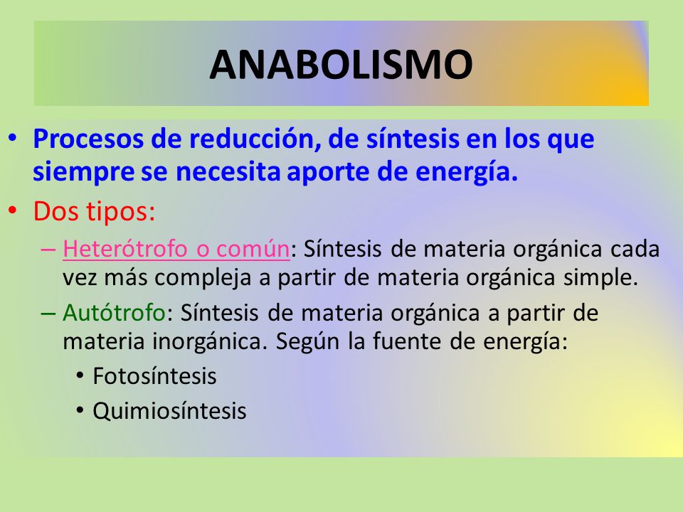 ANABOLISMO Procesos de reducción, de síntesis en los que siempre se necesita aporte de energía. Dos tipos: