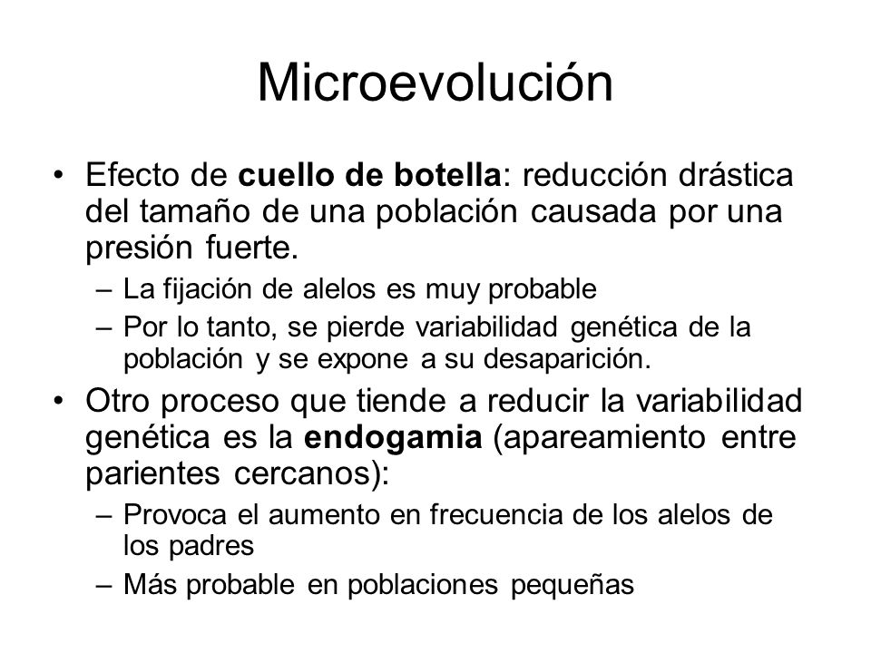 Microevolución Efecto de cuello de botella: reducción drástica del tamaño de una población causada por una presión fuerte.
