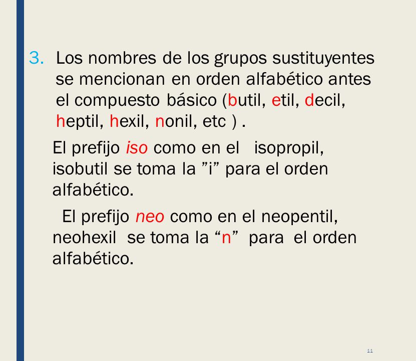 Los nombres de los grupos sustituyentes se mencionan en orden alfabético antes el compuesto básico (butil, etil, decil, heptil, hexil, nonil, etc ) .