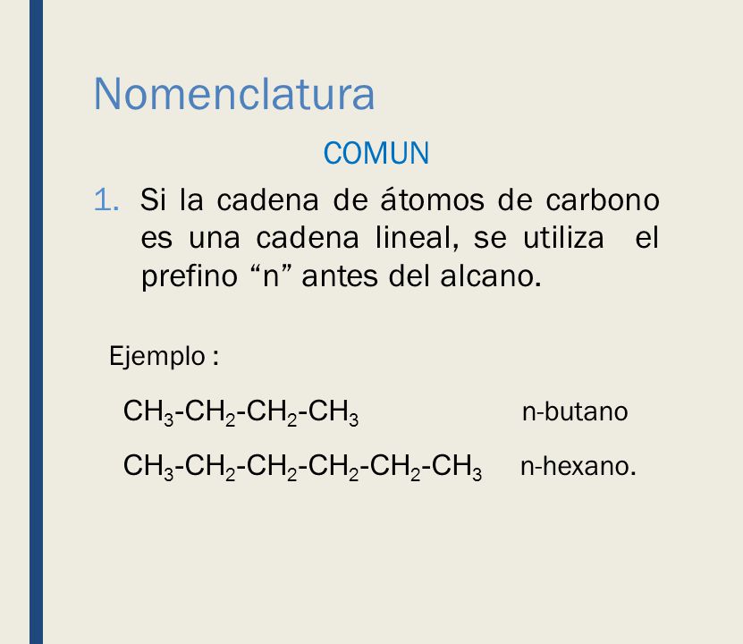 Nomenclatura COMUN. Si la cadena de átomos de carbono es una cadena lineal, se utiliza el prefino n antes del alcano.