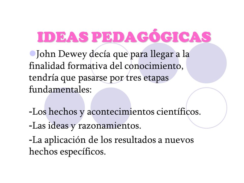 IDEAS PEDAGÓGICAS John Dewey decía que para llegar a la finalidad formativa del conocimiento, tendría que pasarse por tres etapas fundamentales: