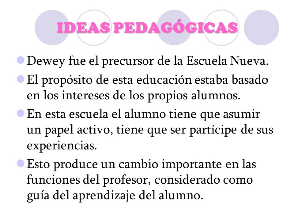 IDEAS PEDAGÓGICAS Dewey fue el precursor de la Escuela Nueva.