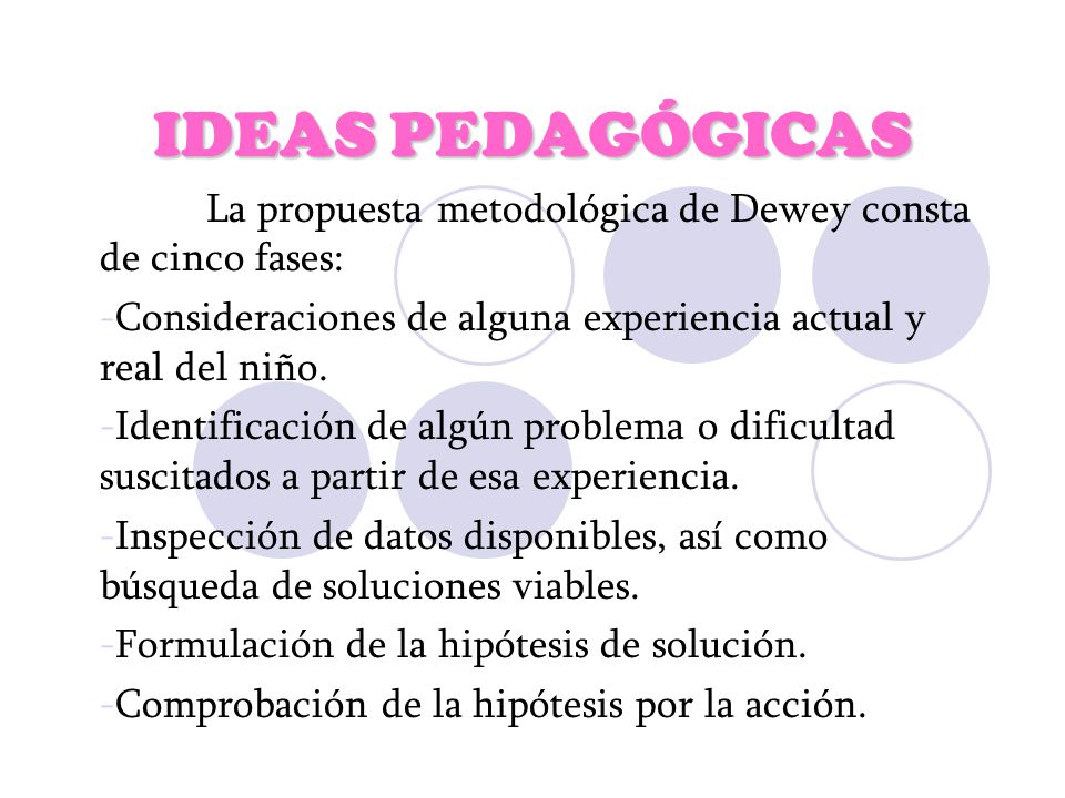 IDEAS PEDAGÓGICAS La propuesta metodológica de Dewey consta de cinco fases: Consideraciones de alguna experiencia actual y real del niño.