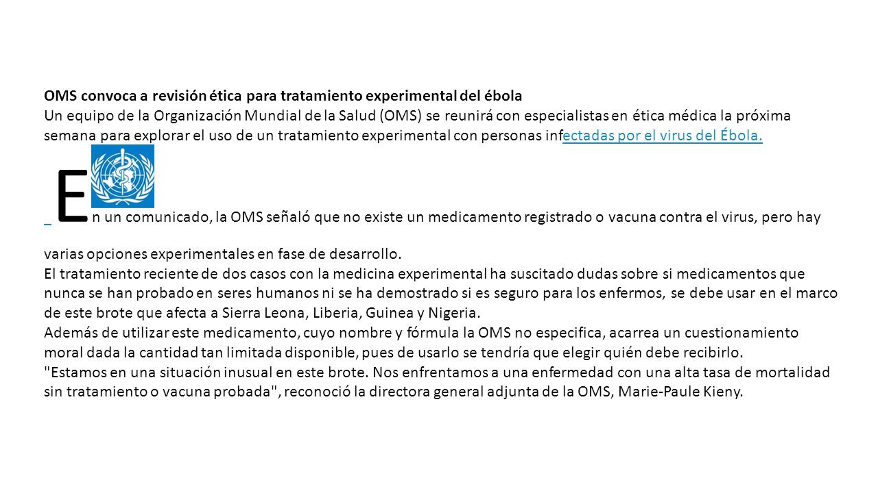 OMS convoca a revisión ética para tratamiento experimental del ébola