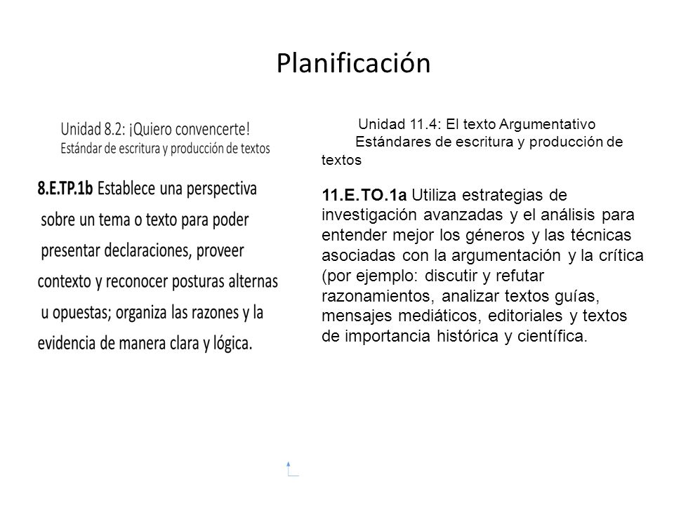 Planificación Unidad 11.4: El texto Argumentativo. Estándares de escritura y producción de textos.