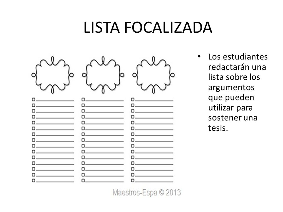 LISTA FOCALIZADA Los estudiantes redactarán una lista sobre los argumentos que pueden utilizar para sostener una tesis.