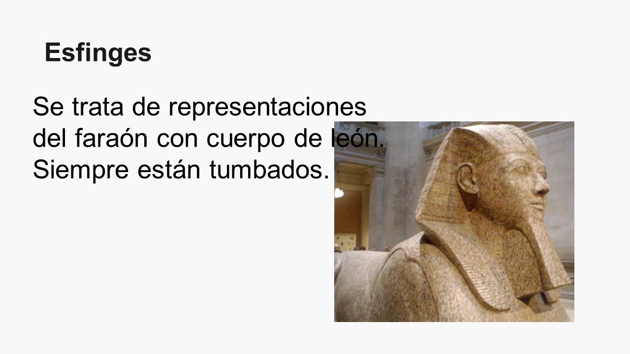 Esfinges Se trata de representaciones del faraón con cuerpo de león. Siempre están tumbados.