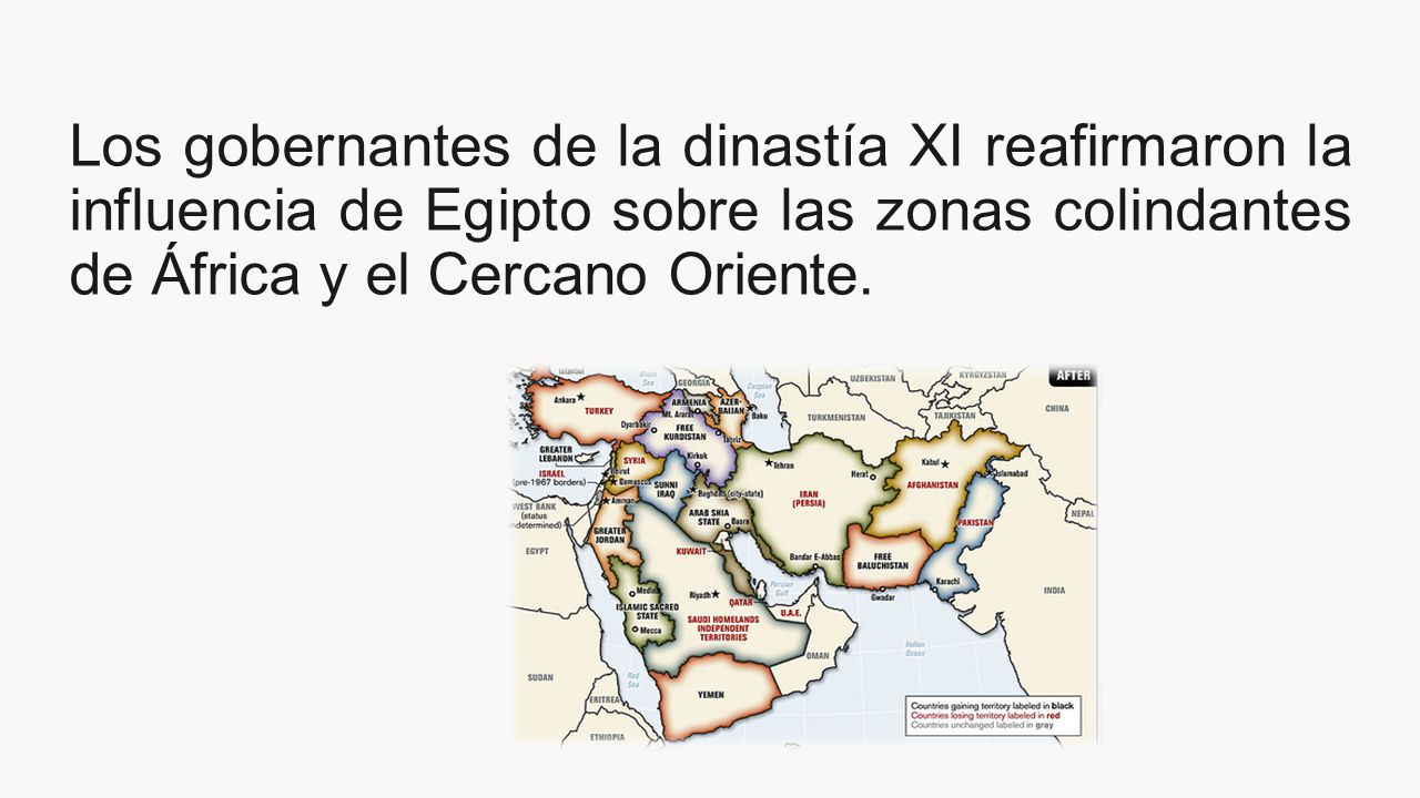 Los gobernantes de la dinastía XI reafirmaron la influencia de Egipto sobre las zonas colindantes de África y el Cercano Oriente.