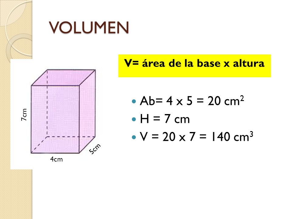 VOLUMEN Ab= 4 x 5 = 20 cm2 H = 7 cm V = 20 x 7 = 140 cm3