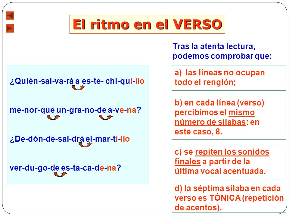 El ritmo en el VERSO Tras la atenta lectura, podemos comprobar que: