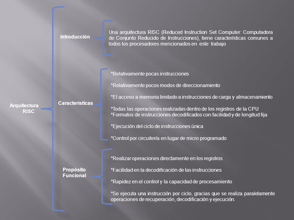 Una arquitectura RISC (Reduced Instruction Set Computer: Computadora de Conjunto Reducido de Instrucciones), tiene características comunes a todos los procesadores mencionados en este trabajo