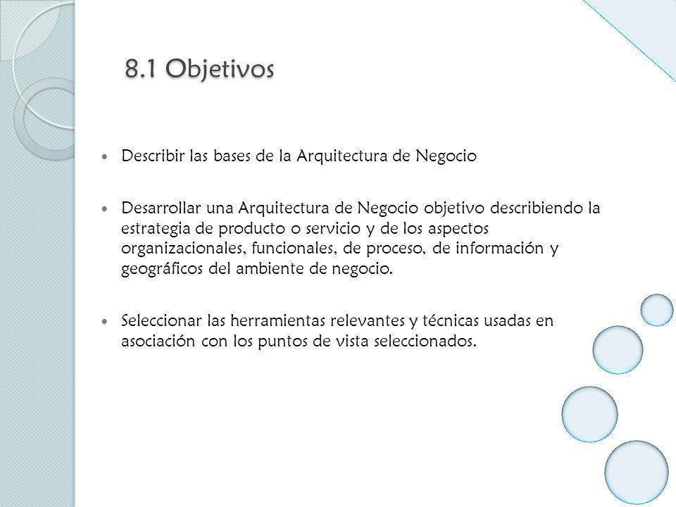 8.1 Objetivos Describir las bases de la Arquitectura de Negocio