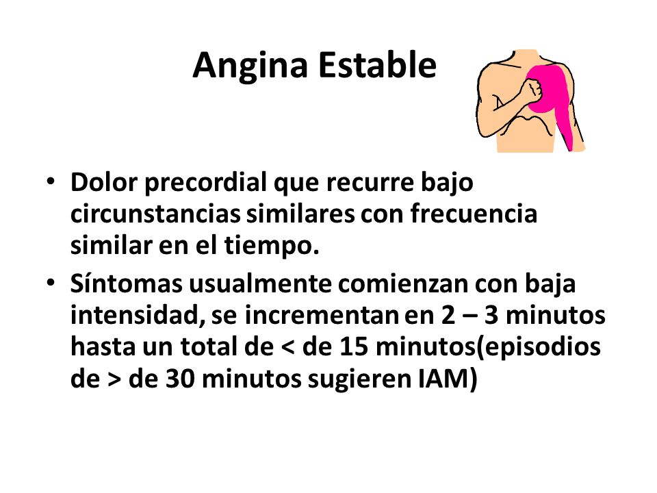 Angina Estable Dolor precordial que recurre bajo circunstancias similares con frecuencia similar en el tiempo.