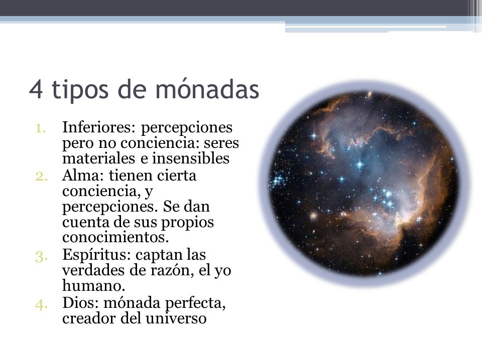 4 tipos de mónadas Inferiores: percepciones pero no conciencia: seres materiales e insensibles.