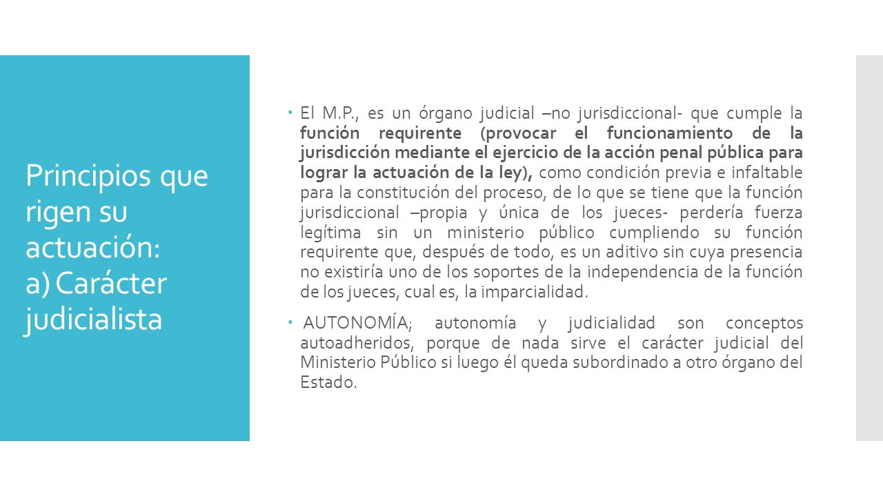 Principios que rigen su actuación: a) Carácter judicialista