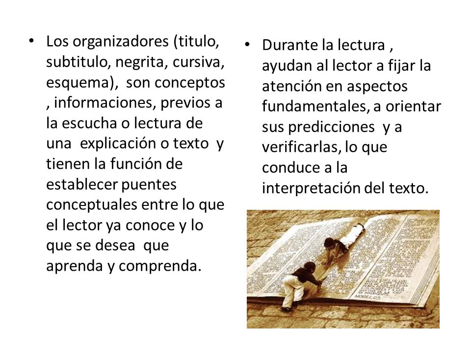 Los organizadores (titulo, subtitulo, negrita, cursiva, esquema), son conceptos , informaciones, previos a la escucha o lectura de una explicación o texto y tienen la función de establecer puentes conceptuales entre lo que el lector ya conoce y lo que se desea que aprenda y comprenda.