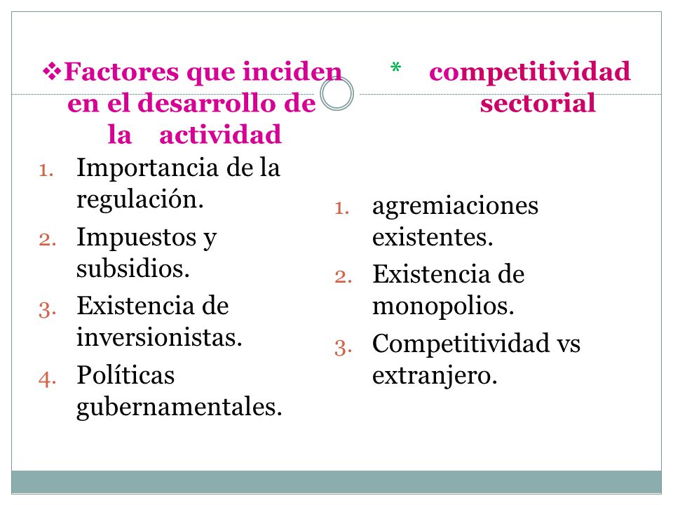 Factores que inciden en el desarrollo de. la actividad. competitividad