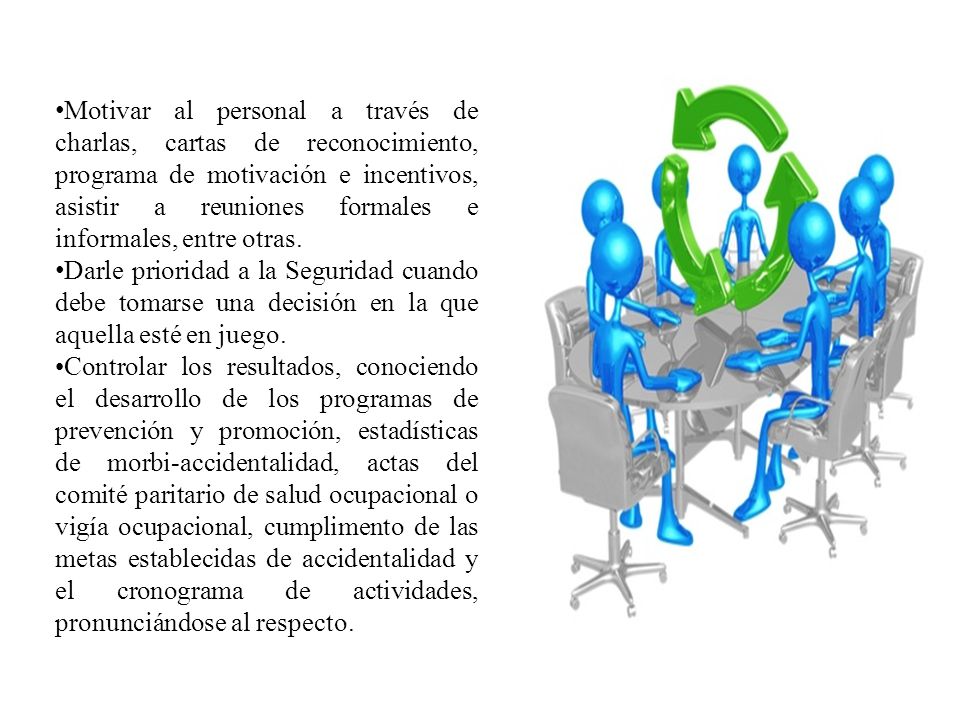Motivar al personal a través de charlas, cartas de reconocimiento, programa de motivación e incentivos, asistir a reuniones formales e informales, entre otras.