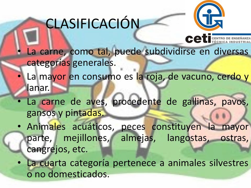 CLASIFICACIÓN La carne, como tal, puede subdividirse en diversas categorías generales. La mayor en consumo es la roja, de vacuno, cerdo y lanar.