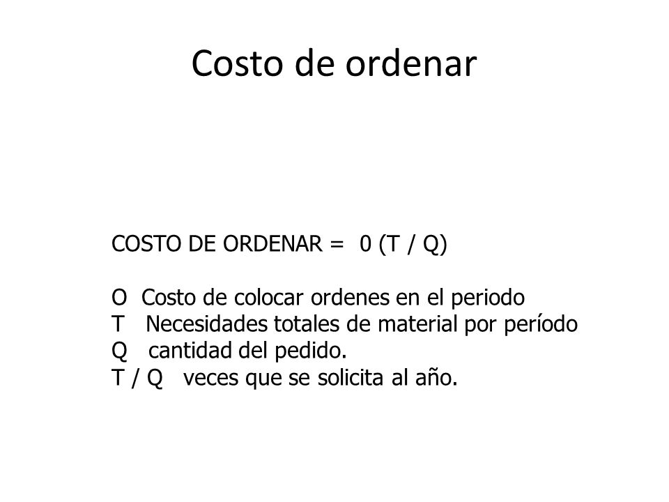 Costo de ordenar COSTO DE ORDENAR = 0 (T / Q)