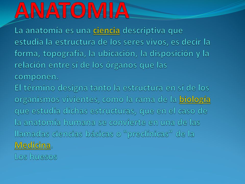 ANATOMIA La anatomía es una ciencia descriptiva que estudia la estructura de los seres vivos, es decir la forma, topografía, la ubicación, la disposición y la relación entre sí de los órganos que las componen.